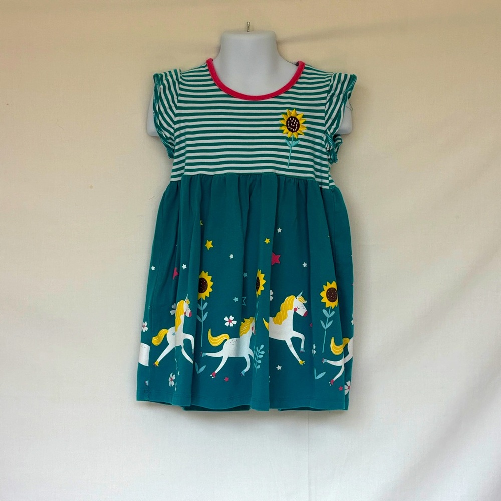 FRUGI | Toddler Girls Teal Striped Unicorn 🦄 & Sunflower 🌻 Dress